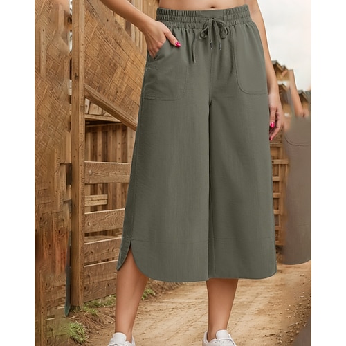 Damen Kunstbaumwollleinen Caprihose Stoffhosen Lässig Wadenlang Natürliche Taille Einfach Tasche Elastisches Kordelzugdesign Bequem Außenbereich Alltagskleidung Ausgehen Grau Wasserblau Schwarz Image