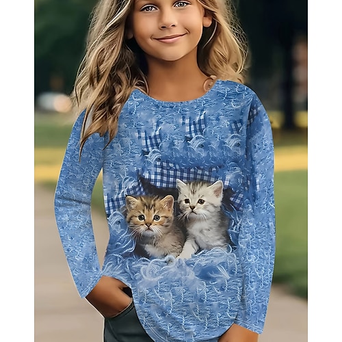 Mädchen 3D Tiermotiv Katze T-Shirt Langarm Frühling Herbst Mode Basic Kinder 4-12 Jahre Rundhalsausschnitt Outdoor Lässig Täglich Normale Passform Image