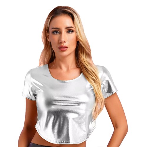 Retro Vintage 1980er T-Shirt Bauchfreies Top Disco Lack-Latex glänzend Metallisch Kostüm Damen Halloween Karneval Musikfestival Pride Parade Pride-Monat Erwachsene T-shirt Sommer Image