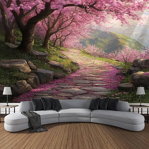 Rosa Blumen Wald Landschaft Wandteppich Wand Kunst große Wandteppich Wandbild Dekor Fotografie Hintergrund Decke Vorhang Haus Schlafzimmer Wohnzimmer Dekoration Image