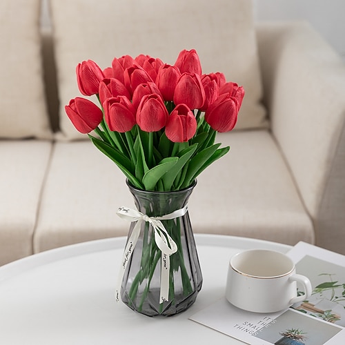Kunstblume aus Pu-Tulpe, realistische Simulationstulpe für die Heimdekoration, Kunstblume für Hochzeiten, weiche Haptik, elegantes Kunsttulpen-Arrangement Image