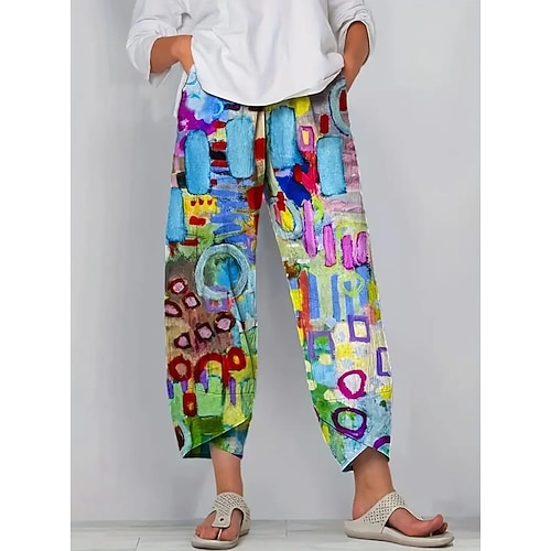 Damen Hose aus Baumwollleinen Urlaub Vintage Ethno-Stil Volle Länge Hohe Taille Kordelzug Drucken Urlaub Straße Lässig Rubinrot Rote Sommer Frühling Lässiger Schnitt Image