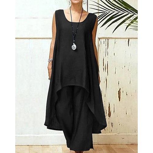 Damen Baumwoll-Leinen-Hemden Baumwoll Mischung Bluse Ärmellos U-Ausschnitt Einfarbig Aktiv Urlaub Ferien Blau Schwarz Dunkelpink Sommer Normale Passform Image