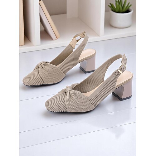 Grüne Slingback-Pumps für Damen mit Schleifendetail – atmungsaktive Flyknit-Stiefel mit niedrigem Blockabsatz für den Weg zur Arbeit im Frühling, das Büro und lässig-schicke Outfits Image