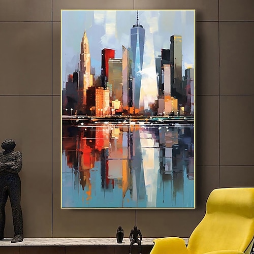 handgefertigtes Ölgemälde auf Leinwand, Wandkunst, Dekoration, abstrakte urbane Architekturlandschaft für die Inneneinrichtung, aufgespannter Rahmen, hängendes Gemälde/gerolltes rahmenloses, Image