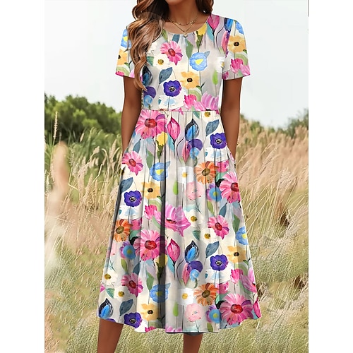 Damen Midikleid T-Shirt-Kleid A Linie Kleid Sommerkleid Urlaub Lässig Täglich Ausgehen Sommerkleid Normale Passform Blumen Grafik Halbarm Rundhalsausschnitt Weiß Dunkelpink Blau Sommer Frühling Image