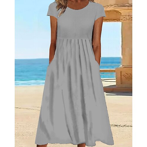 Damen Midikleid Baumwoll Mischung Shiftkleid Freizeitkleid Mode Klassisch Outdoor Ferien Wochenende Normale Passform Einfach Kurzarm Rundhalsausschnitt Weiß Hellgrau Dunkelgray Sommer Image