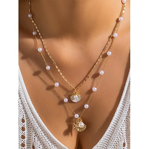 Sommer-Strandkette für Damen mit Perlen-, Muschel- und Seestern-Anhängern – vergoldete mehrreihige Halskette für den Urlaub, lässige Outfits und besondere Anlässe Image