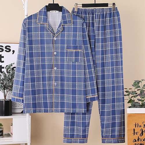 Herren Nachtwäsche Schlafanzug Set Pyjamaoberteil und Hose 1 Set Karomuster Mode Stilvoll Klassisch Heim Täglich Bett Polyester Komfort Weich Revers Langarm Strickjacke Hose Elastischer Bund Frühling Image