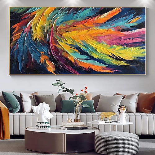 handgefertigtes Ölgemälde auf Leinwand, Wandkunst, Dekoration, modern, abstrakt, bunte Feder, für Wohnzimmer, Heimdekoration, gespannter Rahmen, hängendes Gemälde/gerolltes rahmenloses, ungedehntes Image