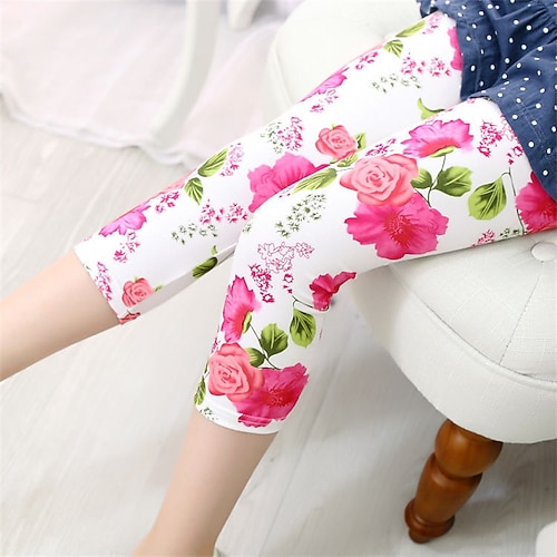 Kinder Mädchen Leggings Blumen Täglich Schule Ab 4 Jahren Sommer Dunkelrosa Schwarz Weiß Image