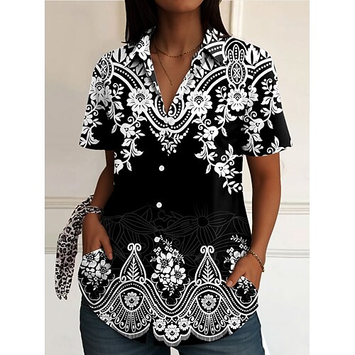 Frauenhemd Langarm Knopfleiste Bluse Floral Grafik Vintage Alltag Stylisch Kurzarm Hemdkragen Regelmäßige Oberteile Alltag Schwarz Weiß Gelb Rot Blau Sommer Frühling Image