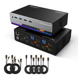 TESmart HDMI KVM Switch RRF12 3 Monitors 2 Computers 4K@60Hz USB 3.0 KVM Switch Triple Monitor 2 Ports HDMI Support EDID 1G Ethernet Hotkey Switch Audio&Microphone for Gaming & Home Office
