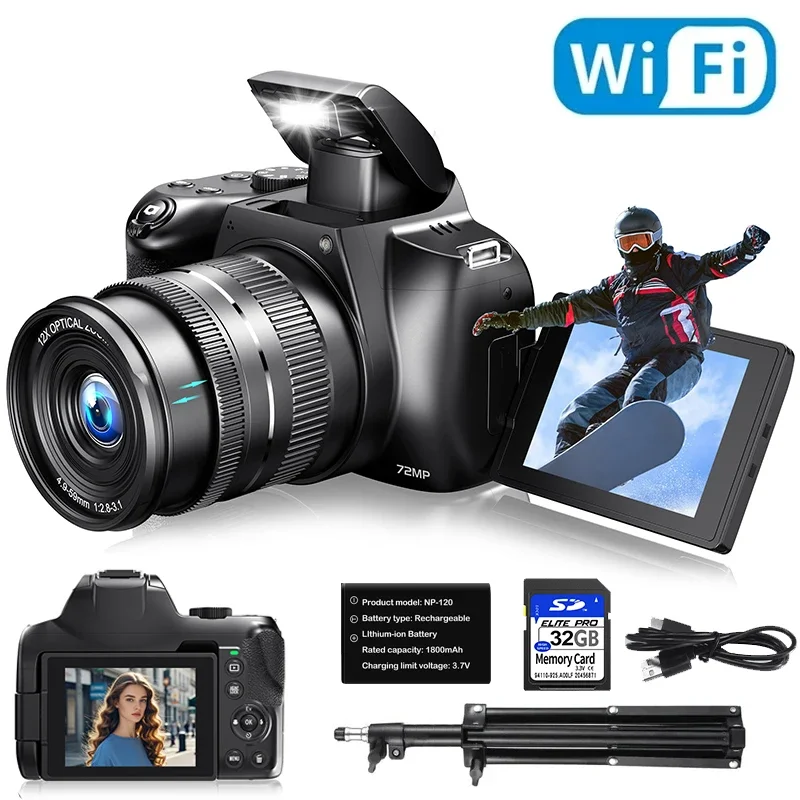 Appareil photo numérique 72MP 180 ° Appareil photo reflex numérique 4K à écran rabattable de 3 pouces pour la photographie, zoom optique 12x, autofocus, anti-vibration