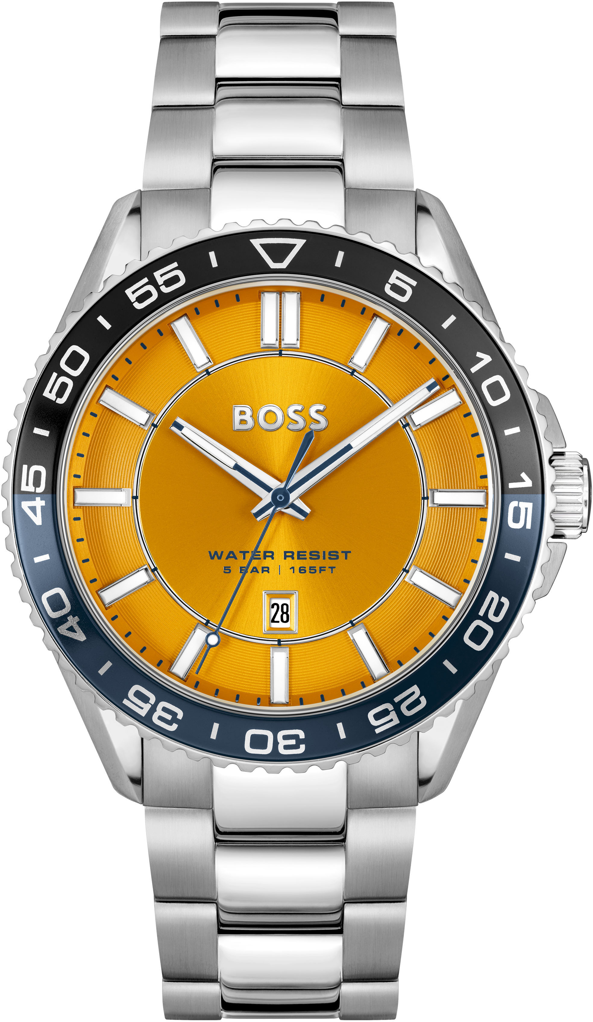 Quarzuhr BOSS "RUNNER 3H", silber (silberfarben, orange), Armbanduhren, Damen, Quarzuhr, Armbanduhr, Herrenuhr, Edelstahlarmband, analog, Tag