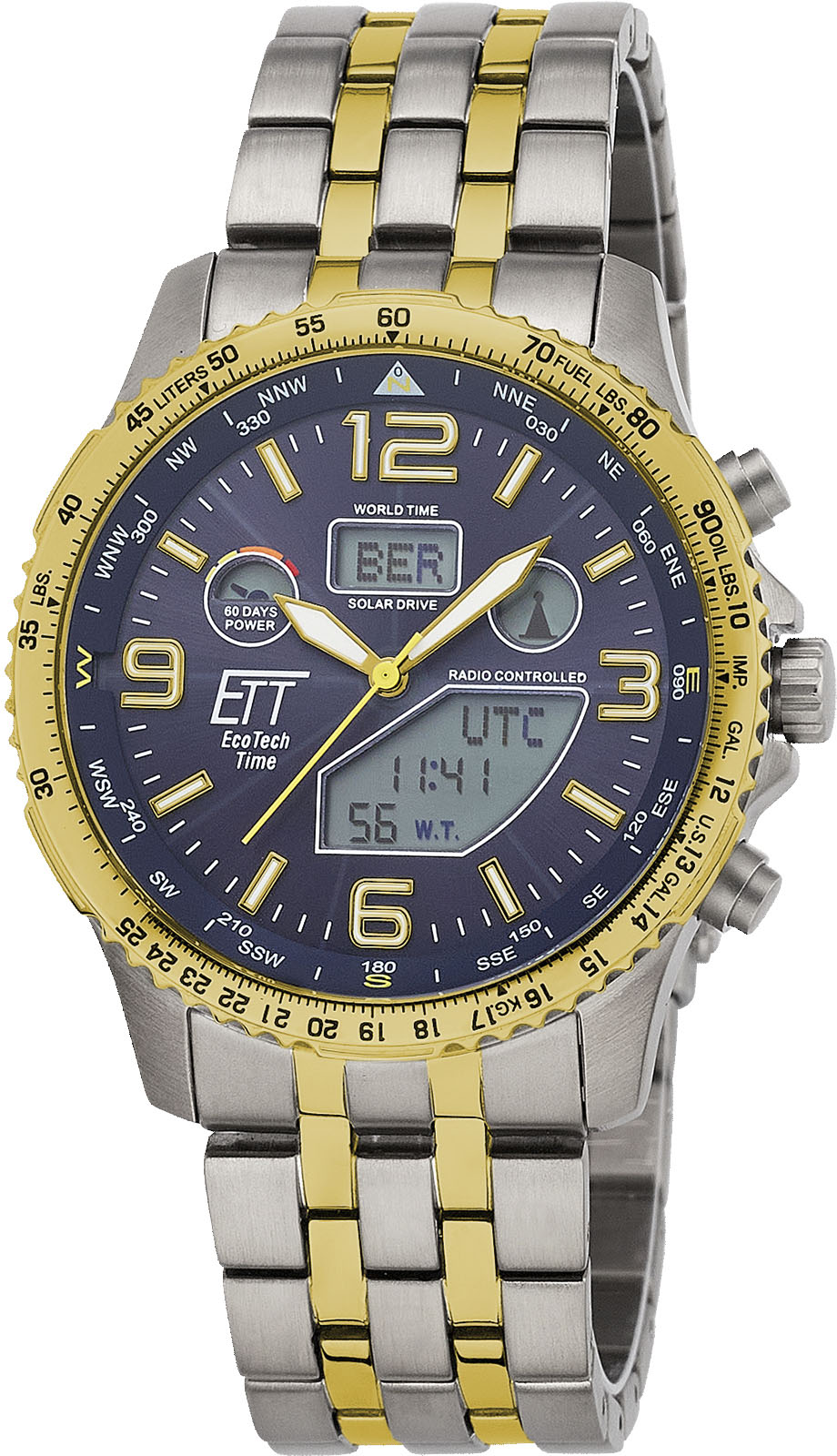 Funkchronograph ETT "Professional World Timer", gold (titanfarben, goldfarben), Armbanduhren, Herren, Armbanduhr, Herrenuhr, Titan, Solar, Datum, Stoppfunktion Image