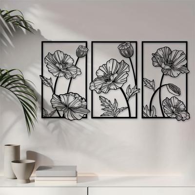 "TEMU Set Of 3 Black Metal Floral Wall Art, 15.7" Minimalist Flower Decor With Vase, Line Sculpture For Bedroom, Bathroom, Kitchen - Ideal Housewarming & Holiday Gift, Wall Decor" Image