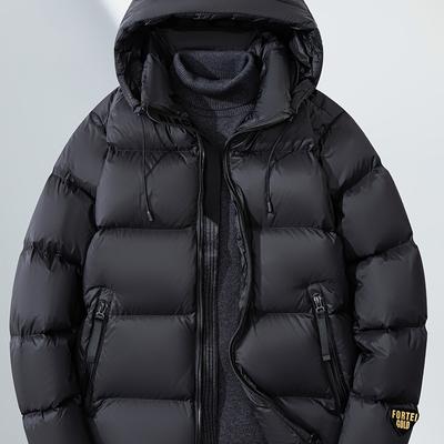 TEMU Fortei Men's Winter Hooded Down Jacket - 90% Duck Feather, Windproof, Warm & Comfortable Long Sleeve Coat With Zipper Closure, Black, , Winter Clothes Image