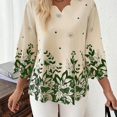 TEMU Women' Floral Print V-neck T-shirt - Soft, Breathable Fabric, & Machine Washable, Stylish & Comfortable For And Casual Wear, Summer Fashion Top | Elegant Floral Print | Soft Fabric Tee Image