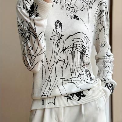 TEMU Women's Casual Crew Neck Sweater With Intricate Line Art Design - Soft, Thin Pullover For Spring & Fall, Embroidered Detail, Stylish & , Fall Sweater | Artistic | Embroidered Detail Image
