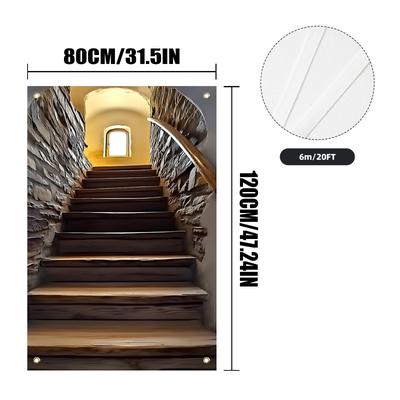TEMU 2d Door Banner, 1pc Retro 3d Staircase Decor Banner - Polyester Window Or Door Cover With Vibrant Floral Accents, Parties & Home Decor, Suitable For All Image