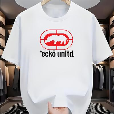 TEMU Men's Casual Crew Neck T-shirt With . Logo - Summer 2025 Geometric Letter Print, Lightweight Polyester, Machine Washable | Style Fashion, Tee Shirts, Knit Image