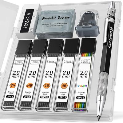 TEMU Fourcandies1pcs/3pcs 2mm Mechanical Pencils With Case, Artist Lead Pencil Metal Lead Holder With Graphite Lead Refills, Eraser, Sharpener, Drafting Pencil For Drawing, Sketching Image