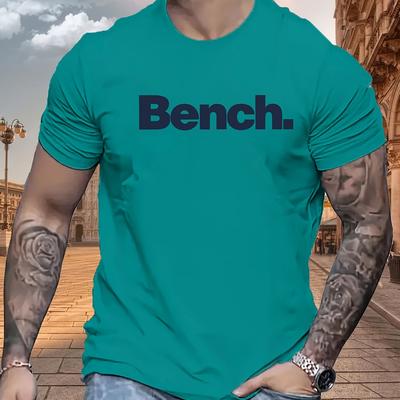 "TEMU Men's Casual Crew Neck Short Sleeve T-shirt - Summer Essential, Machine Washable, , With "bench" Print, Lightweight For Warm Weather, Summer Casual Wear | Stylish Men's Tee | Durable Casualwear" Image