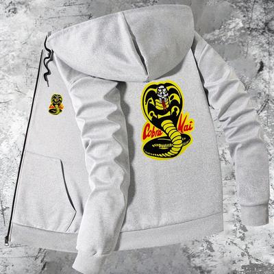 TEMU Men's Trendy Cobra Print Hooded Jacket - Gray Casual Zip-up With Pockets, Stylish Fall/winter Outerwear For Urban Fashion, Fall Winter Jacket | Trendy Hooded Jacket | Zipper Closure Image