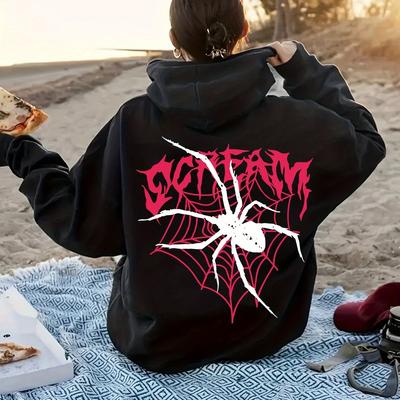 TEMU Spider Print Drawstring Hoodie, Casual Long Sleeve Pullover Hooded Sweatshirt For Fall & Winter, Women's Clothing Image