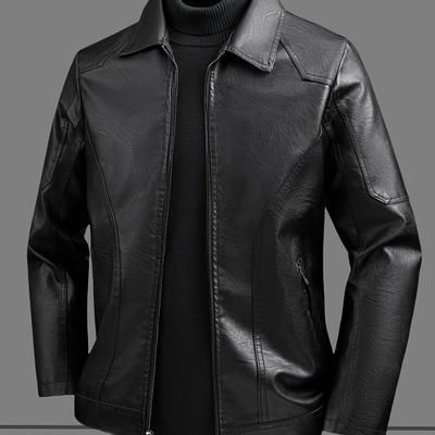 TEMU Lars Obm Men's Pu Leather Jacket 2025 Fit Windproof Casual Zip-up With Stand Collar & Multiple Pockets - Black Versatile Softshell Outerwear Image