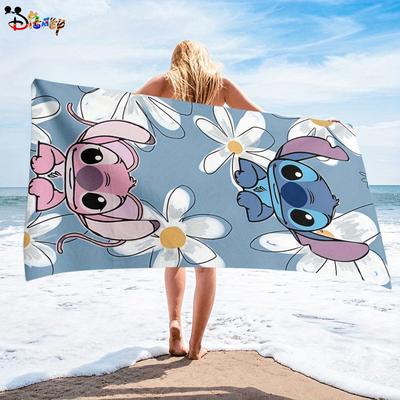 TEMU 1pc Stitch & Sister Floral Beach Towel - Soft Microfiber, Quick-dry, Light Blue With White Daisies, Home, Bathroom, And Holiday Gifts, Beach Image