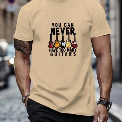 TEMU Men's Casual T-shirt, Polyester Knit, Regular Fit, Round Neck, Summer Fashion, Guitar Graphic, Adult Sizes Image