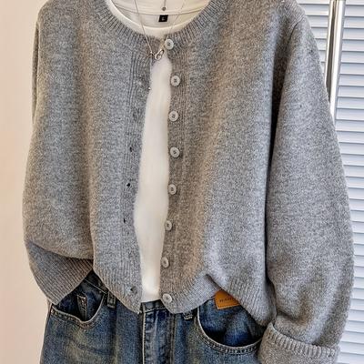TEMU Women's Casual Button-up Cardigan - Soft Gray, Long Sleeve, Short Length, Crew Neck, Fall & Spring Fashion, Casual Wear||soft Texture Image
