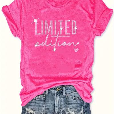 "TEMU Women's Plus Size " Edition" Rhinestone Graphic T-shirt - Casual Crew Neck, Short Sleeve, Soft Fabric, Fall/, Rhinestone Embellishments | Tee | , Ladies T Shirts" Image