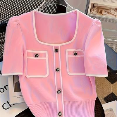 TEMU Women's Slimming Knit Cardigan - Chic Short Sleeve Pullover With Button Front, Solid Color, Notch Neck Design, Lightweight Polyester For All , Lightweight Image