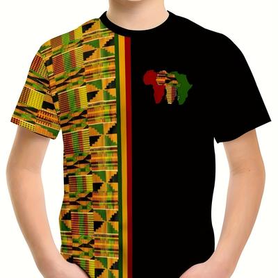 TEMU Boys' Ethnic 3d Print T-shirt - Vibrant African Tribal Pattern, Casual Stretch Round Neck Tee For Summer Outdoor Play, Short Sleeve, Polyester Blend Image
