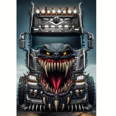 TEMU Diy 5d Diamond Painting Kit - Menacing Truck With Dinosaur Head, Canvas Art For Beginners & Craft Enthusiasts, Round Acrylic Diamonds, Decor Gift, Dinosaur Diamond Painting Image