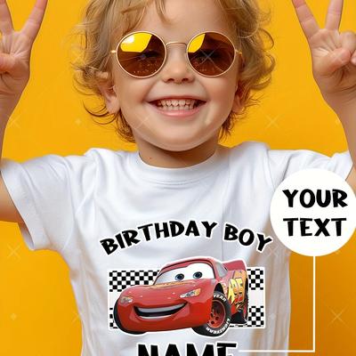"TEMU Customizable "birthday Boy" Racing Theme T-shirt - Featuring Lightning Design, Polyester, Round Neck, , ' Casual Summer Short Sleeve Tee, Gift Idea, Clothing | Cartoon Graphic Tee | Polyester" Image