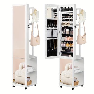TEMU 8 Leds Mirror Jewelry Cabinet Armoire, Jewelry Organizer With Garment Rack, Lockable Full-length Mirror With 4 Wheels, Storage Shelves With Hooks, , White And Black, Jewelry Armoires Image