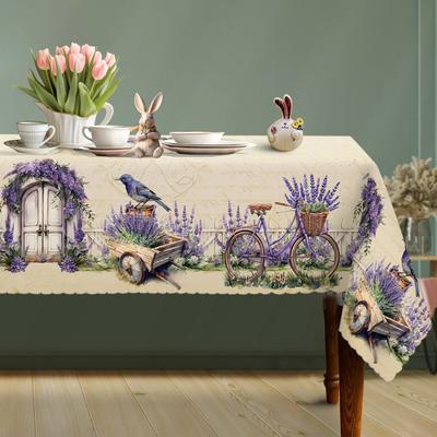 TEMU Lavender Vintage Tablecloth With Purple Floral & Bicycle - Rustic Country Style, 100% Polyester, Square Or Round Options, Ideal For Spring/ & Festive Decor Image