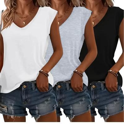 TEMU 3pcs Women's V-neck T-shirts - High Elasticity Soft Breathable Loose Fit Longline Tees For Gym , Machine Washable Spring Summer Fall Casual Tops (white/grey/black), Workout Shirts Image