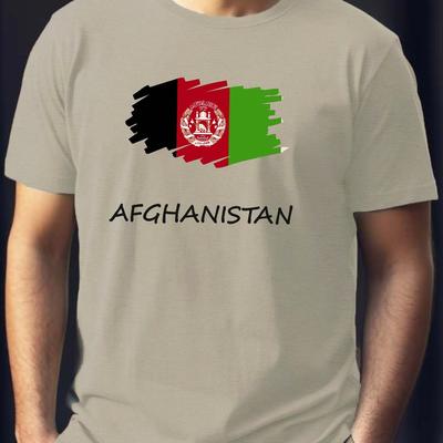 TEMU Men's Casual Crew Neck T-shirt With Afghanistan Flag Print, 100% Polyester Knit Fabric, Stretch, Regular Fit, Geometric Pattern, Summer Short Sleeve Tee - 150gsm Image