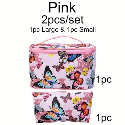 TEMU 2pcs Print Makeup Bag Set, Polyester Travel Cosmetic Organizer With Handle, Large Capacity Toiletry Case For Lipsticks, Skincare, Jewelry - Unscented, Random Printing, Women's Accessory Image