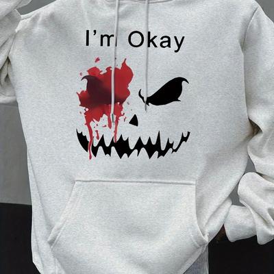 TEMU Men's Casual Hoodie With Geometric Skull Print, Polyester Hooded Sweatshirt With Kangaroo Pocket, Spring/fall Knit Fabric, Regular Fit Image