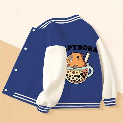 TEMU Girls' Casual Short Baseball Jacket With Capybara In Pearl Milk Tea Cup Graphic, Color Block, Machine Washable Fall Winter Outerwear Image