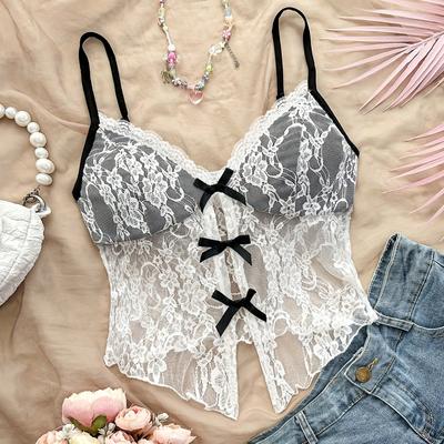 TEMU Elegant Lace-trimmed Bow Detail Cami Top For Women - Sleeveless, Design, White With Black Lace , Casual Or Stylish Outfit Image