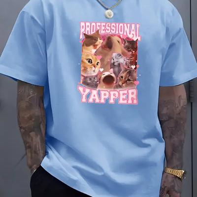 "TEMU Men' Trendy Crew Neck T-shirt With "professional " Cat Print - 100% Polyester Knit Fabric, Casual Short Sleeve Tee With Stretch, Summer Adult Regular Fit Top" Image