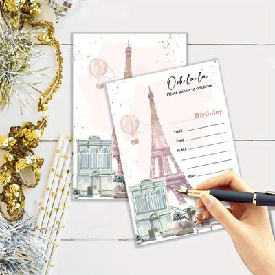TEMU 20pcs Paris Themed Birthday Party Invitations With Envelopes, Eiffel Tower Design For Kids Celebration, Paper Invites For Boys & Girls, No Electricity Required, Versatile Celebration Supplies Image