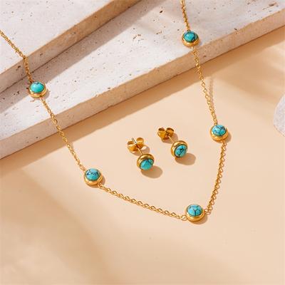 TEMU European And American Luxury Design Retro Simple Circular Turquoise Accessories Necklace Earrings Stainless Steel Set Suitable For Women To Wear Used As A Gift Image